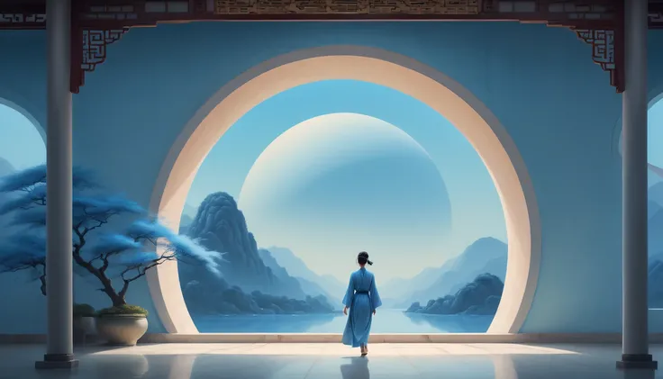 A woman walks into a building with a large circular dome, neon palette style, Chinese traditional landscape painting,light indigo and azure, jessica drossin, Formalist aesthetics, Ruan Jia, serene minimalism