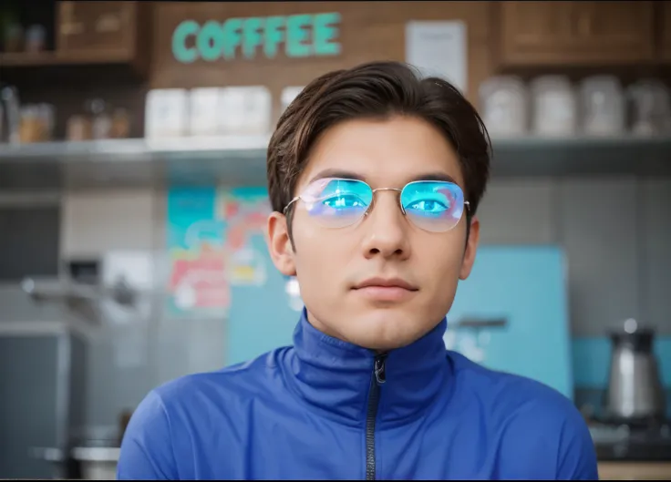 Boy with coffee futuristic background realisti c realistic face