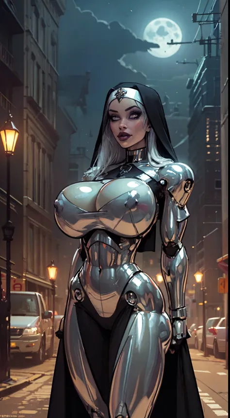 ((Cowboy shot:1.4)) 1 Same Girl , Perfect Beautiful , robot Face ,(chrome skin:1.1), (silver arms, silver face, silver legs) ((android woman)),( metallic android , long Hair , Black Gothic Nun Dress , Athletic Body , ((gigantic breasts:1.2)) ((metallic leg...