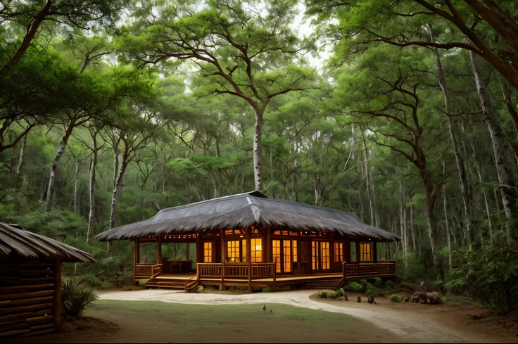 nature, epic minimalsitic building in the center, dark, fade, warm, glow at night, raw, hdr, (forest:1.8), cinematic, slate grey, dramatic light, architecture，Zebra, Tapir and Deer, white rhino in the mixed enclosure, big natural rock, a baobab tree inside...