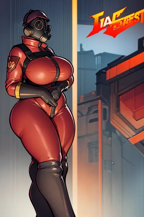 a busty slutty female Pyro from Team Fortress 2 posing seductively, wearing a tight red latex bodysuit and a gas mask, with black thigh high boots, a black corset with a zipper, and black and yellow gloves, face covered, head covered, with voluptuous gigan...