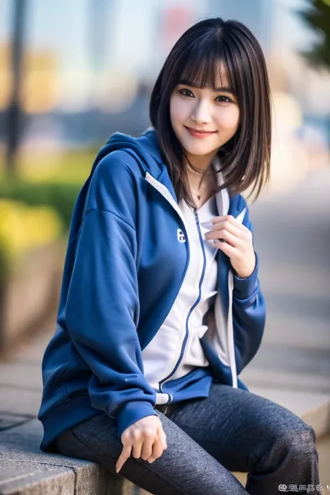 1 beautiful young girl, Super beautiful detailed face, Smile shyly, deep understanding:0.8), (oversized full zip hoodie:1.3), (shorter pants), (kneehigh boots), hime cut hair, (delicated face:1.2), high qulity, actual, extremely detaild的 CG unified 8k wall...