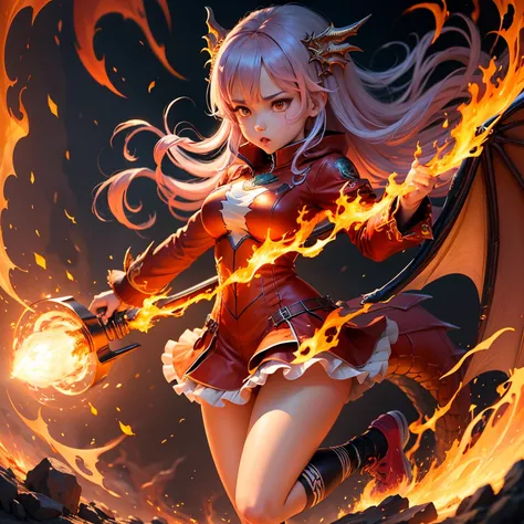 Dragon shaped anime girl spits burning fire masterpiece ultra detailed top quality full body