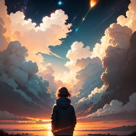 1 girl, ojo, cerrar, Hermoso cielo nocturno, lluvia de meteoros, beyond the clouds, agua rodeada, Reflexiones, wide angels, nubes impresionantes, wide angle, por Makoto Shinkai, Thomas Kinkade, James Gilleard, por holosomnialandscape, HDR, volumetric illum...