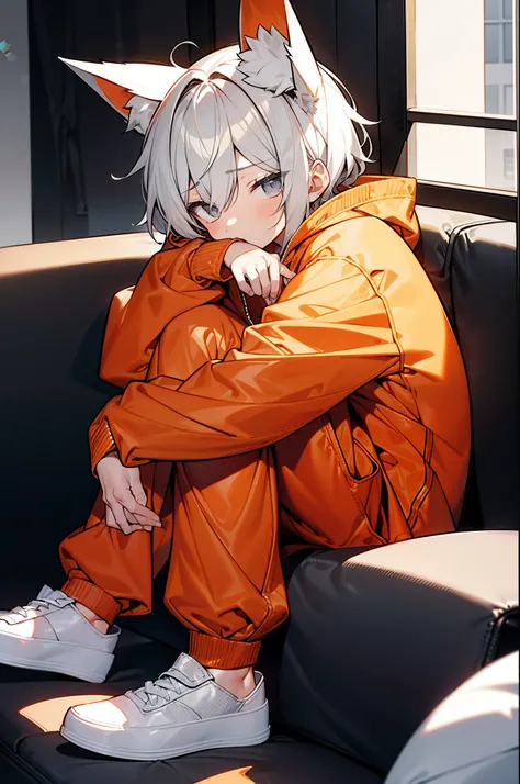 an 6 year old boy kid, Boy, grey messy medium hair, grey eyes, pale skintone, wearing an orange fox onesie, orange hoodie over his head, Fox ears on hoodie, fox onesie and orange pants connected together,  sitting on sofa/couch, small size, 107cm tall, hou...