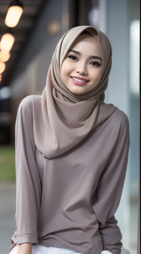 cute malay girl in white color hijab wearing big loose pastel green T shirt with white jeans jeans, in hijab, realistic face, smile, happy, big shirt, long sleeve, dark skin, skin texture, mole, brown skin, big sleeve, mira filzah face, wet skin, petite bo...