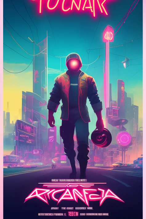 A Disney-inspired poster with a neon arcana title, Cyberpunk, cidade no futuro, tecnologia