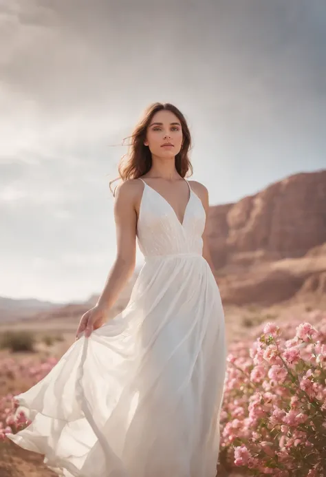 Low Angle of view,In the desert,a beautiful girl in a white dress standing in front of a flower,in the style of translucent immersion, voluminous forms, national geographic photo, luminous 3d objects,fluid formation