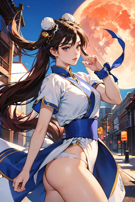 chun-li from street fighters series , white panty , in the streets , red moon , perfect eyes ,