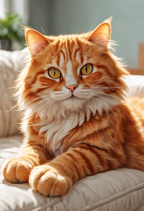 (high quality,realistic,photo-realistic:1.37),vivid colors,Garfield,cat,adorable,expressive eyes,long whiskers,curly tail,cute paws,playful,lazy,comfy sofa,comic style,soft fur,sunny room,shadows,cozy sunlight