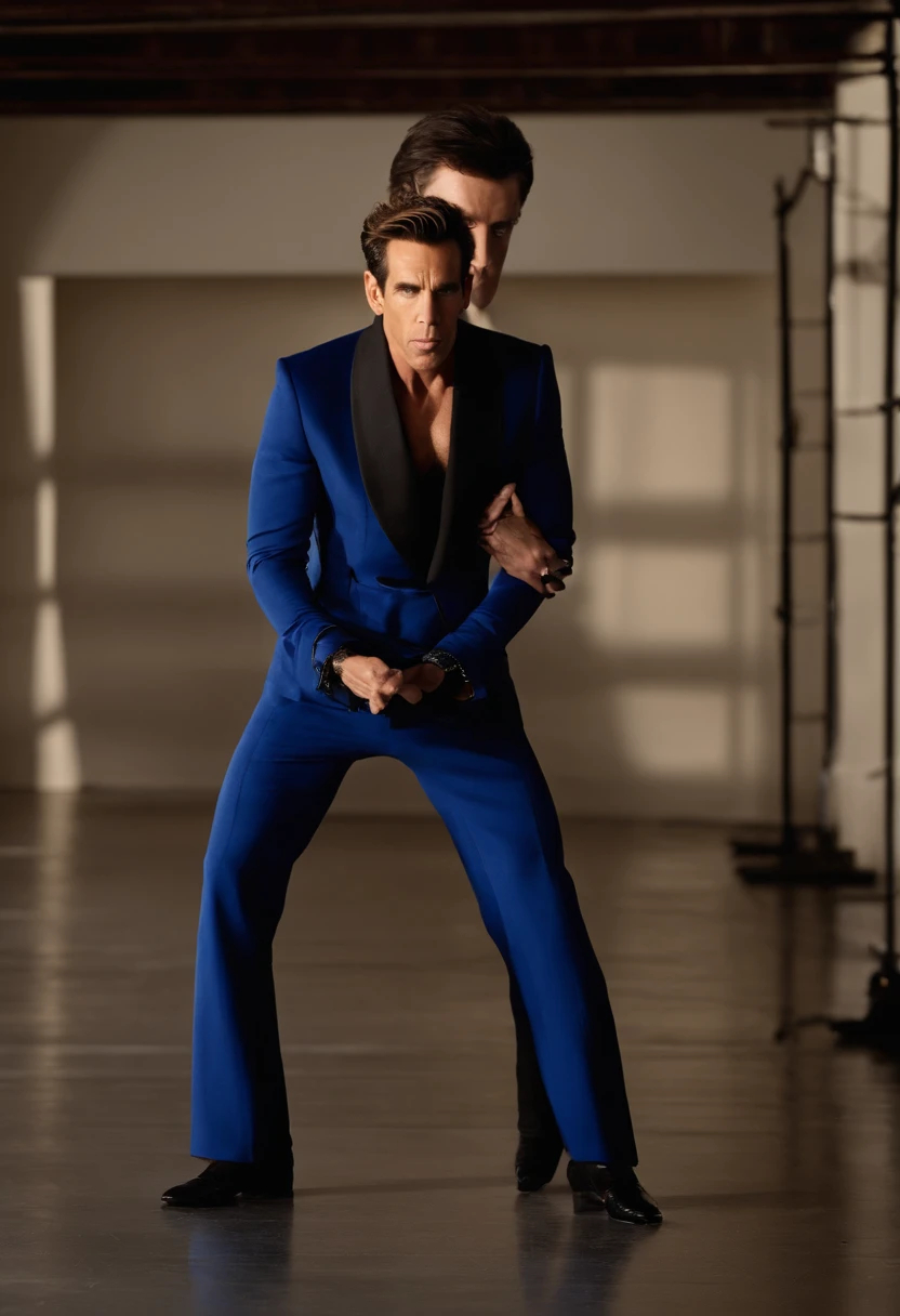 A photo of Derek Zoolander attempting to do yoga on a catwalk,Zoolander films,Derek Zoolander, the fictional supermodel from the “Zoolander” films, played by Ben Stiller, is known for his distinctive and exaggerated fashion style. He often sports flashy, a...