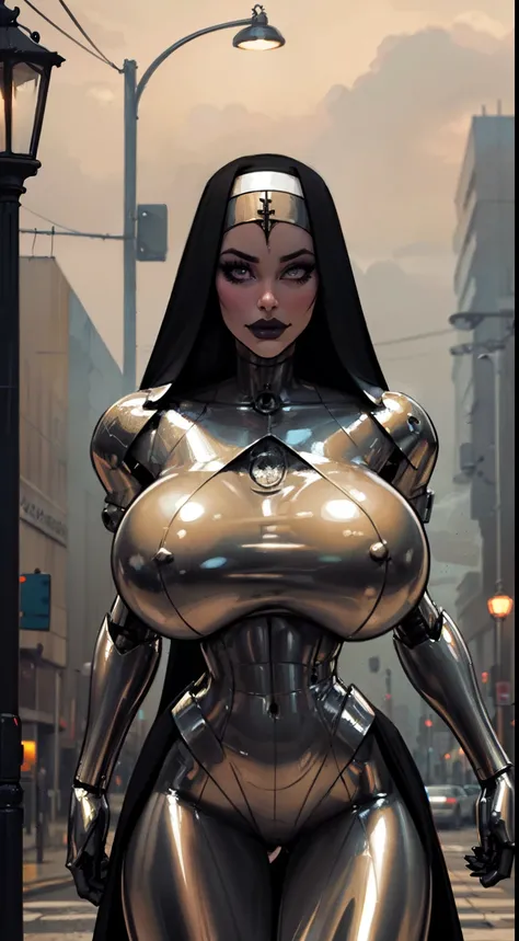 ((Cowboy shot:1.4)) 1 Same Girl , Perfect Beautiful , robot Face ,(chrome skin:1.1), (silver arms, silver face, silver legs) ((android woman)),( metallic android , long Hair , Black Gothic Nun Dress , Athletic Body , ((gigantic breasts:1.2)) ((metallic leg...