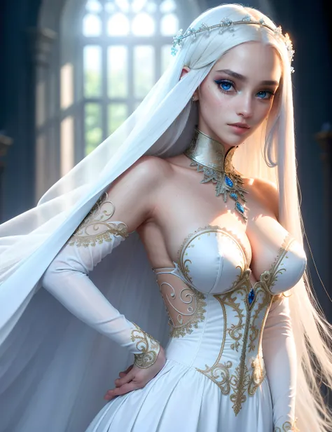 Lower angle, tmasterpiece, hiquality, Enigmatic, Martian Knightly Fashion, real breasts, big bright blue eyes, gorgeous body, (very very long white hair), poster, Transcendental Charm, enchanted, Knightcore Fashion, Secret atmosphere of the best quality, h...