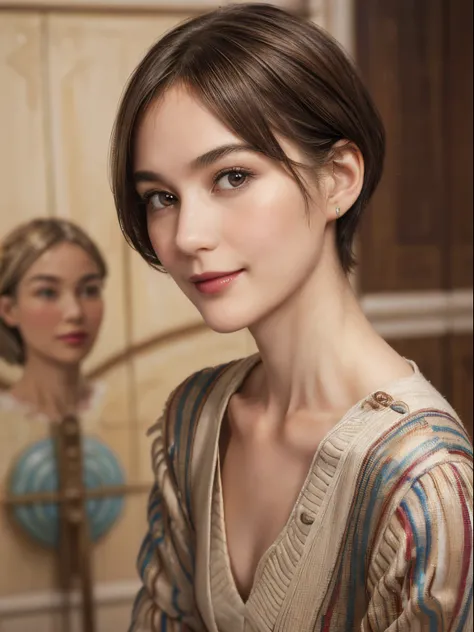 104
(a 20 yo woman,is standing), (A hyper-realistic), (high-level image quality), ((beautiful hairstyle 46)), ((short-hair)), (Gentle smile), (Keep your mouth shut), (The background is a trompe l&#39;oeil), ((trickart:1.46)), (lipsticks)