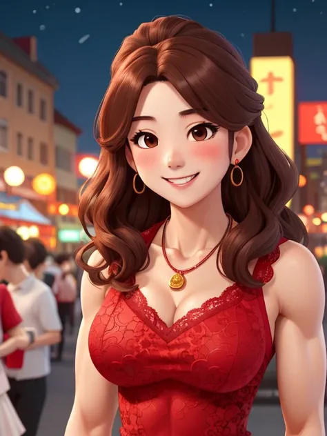 attractive korean woman, ripped muscle, muscular body, small breast, pale skin, smile(blush), red lace dress, thin necklace, sixpack abs, [ultra detailed skin:1.2], brown hair, wavy hair, 8k uhd, full body, stand, crowd, public, night,