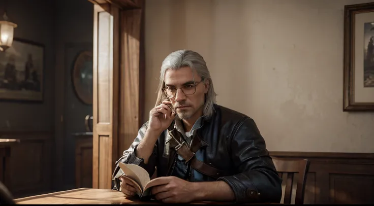 there is black hair beard old man wearing glasses sitting at a table with a book and, portrait of fin wildcloak, portrait of geralt of rivia, thancred waters in style of wlop, fan art, a portrait of the character, in assassins creed 3, cinematic realistic ...