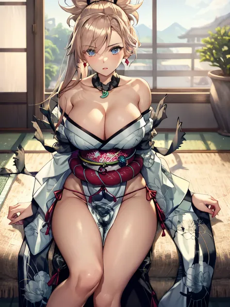 (extremely detailed CG), (best quality), perfect face, shiny skin, lustrous skin,wide hips,narrow waist 1girl,solo  MusashiBerserker,Necklace, swept bangs, white kimono, sheath,bare shoulders, thihgs,blonde hair,wide sleeves, magatama necklace, black thigh...