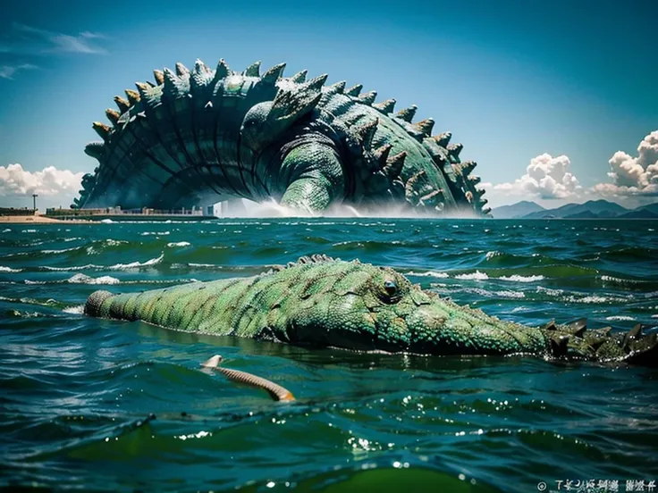 The sea is polluted by nuclear wastewater，Countless dead fish floating on the sea，，The sea water turned green，Huge Godzilla