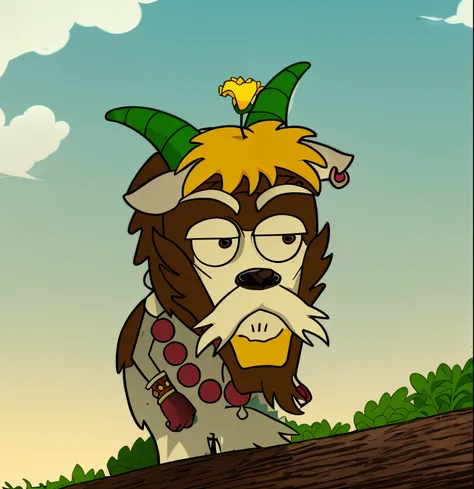 Close-up of goat with a flower on its head, peter the goat, anthropomorphic dog, jake parker, Cowardly dog hero, Dogs are like gods, Destructively smart goat, Kazuma Koda, Appa from The Last Airbender, ripped apart, the god of propane, The character&#39;s ...