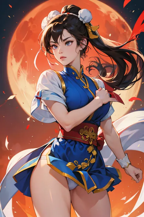 chun-li from street fighters series , white panty , in the streets , red moon , perfect eyes ,