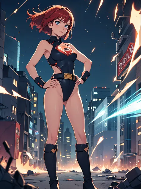 masterpiece, best quality, 1girl, superhero, leotard, bare legs, knee boots, matching boots, heroic, city backdrop, standing, body infused with energy, light particles, solo, single, cowboy shot, perfect anatomy, hand on hip, redhead, beautiful detailed ey...