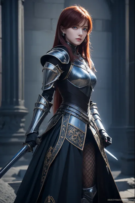 ((Best quality)), ((masterpiece)), (highly detailed:1.3), 3D, elegant woman with long straight hair in knight armor plate, large shoulder plate with kanote, medieval theme, bioluminescence, Beautiful face, brave, 2 tone color, cinematic, 3D render, Octance...