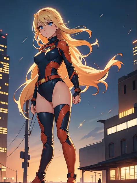 masterpiece, best quality, 1girl, superhero, leotard, bare legs, knee boots, matching boots, heroic, city backdrop, standing, body infused with energy, light particles, solo, single, cowboy shot, perfect anatomy, hand on hip, blonde, beautiful detailed eye...