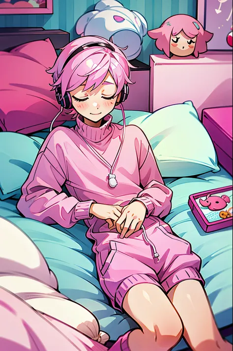 kpop boy, shell pink hair, in pink cute sweater outfit, relaxing on the bed, inside bedroom, chill lofi, happy, listening to music, put on headphones, looks so happy