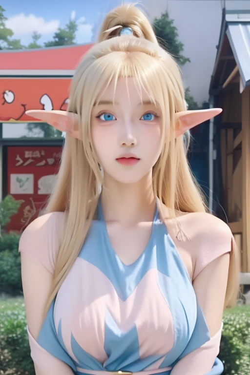 anime girl with blue eyes and blonde hair in a blue dress, she has elf ears and gold eyes, anime girl named lucy, alluring elf princess knight, elf girl, in the anime film, blonde anime girl with long hair, female anime character, anime visual of a young w...