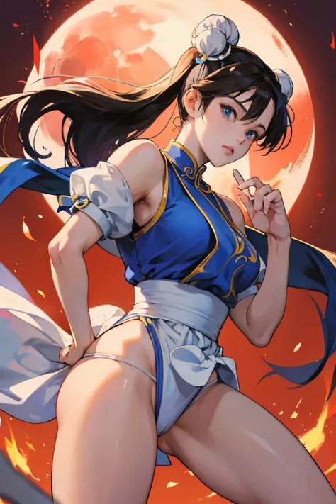 chun-li from street fighters series , white panty , in the streets , red moon , perfect eyes ,