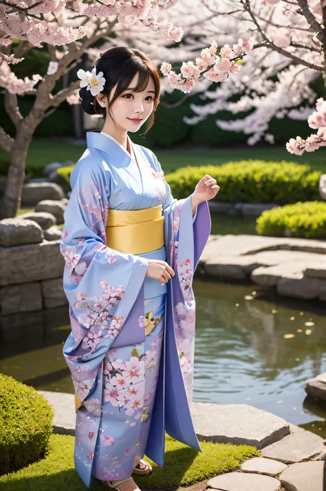 Create a detailed illustration of a beautiful young adult woman character wearing a traditional kimono。. The character must have soft features and a gentle expression., her hair is styled to complement her outfit. There should be a lot of floral patterns o...