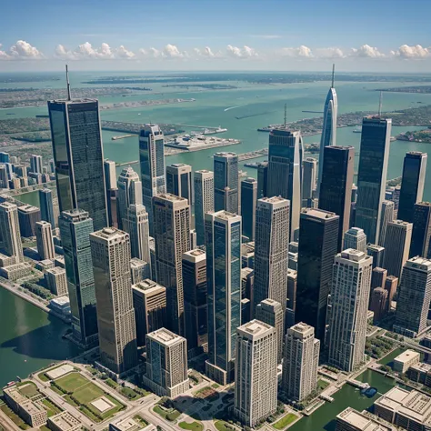 Twin brothers - skyscrapers in America, a plane flying between them.