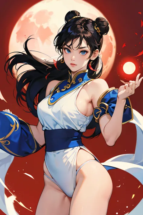 chun-li from street fighters series , white panty , in the streets , red moon , perfect eyes ,