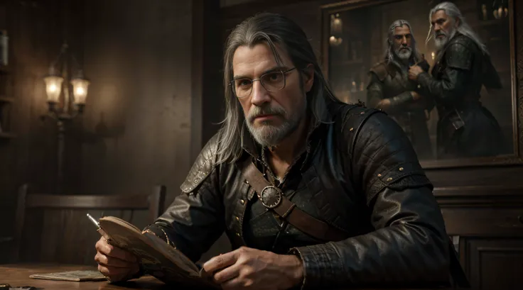 there is black hair beard old man wearing glasses sitting at a table with a book and, portrait of fin wildcloak, portrait of geralt of rivia, thancred waters in style of wlop, fan art, a portrait of the character, in assassins creed 3, cinematic realistic ...