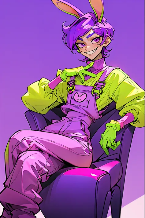 kpop boy wearing a soft purple turtle neck outfit, sit pose, poser, with a pink fuchsia-colored overalls , yellow gloves, purple rabbit ear, smirk rizz face with teeth, attractive pose cannot be ressist