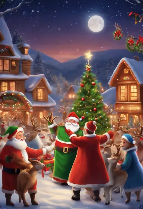 with cheerful background, This picture is、Santa Claus and his reindeer are shown having fun at the Christmas party. The paintings are characterized by bright colors and delicate details, Gives the viewer a fun and warm atmosphere.
in the evening background...