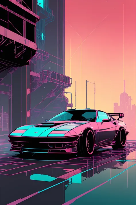 (nvinkpunk:1.2) (snthwve style:0.8) corvette, lightwave, sunset, intricate, highly detailed