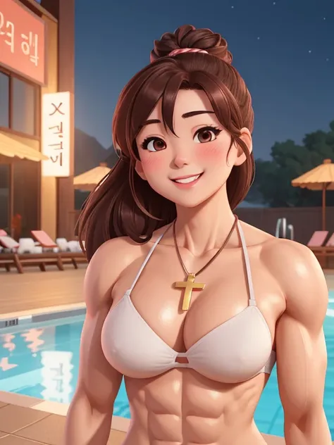 attractive korean woman, ripped muscle, muscular body, small breast, pale skin, smile(blush), nude, cross pendant, sixpack abs, [ultra detailed skin:1.2], brown hair, hair bun, 8k uhd, full body, stand, crowd, public, night, poolside,