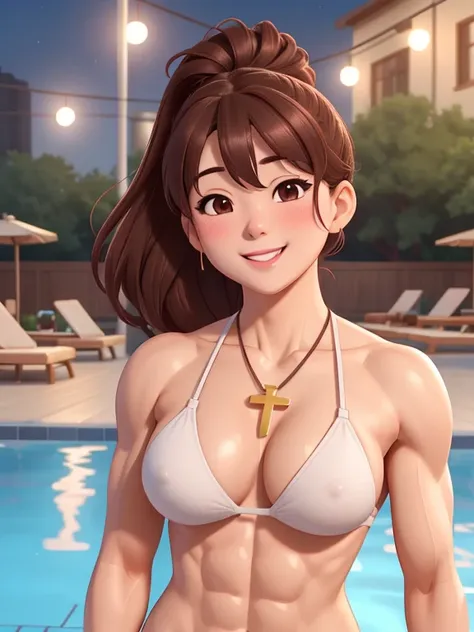 attractive korean woman, ripped muscle, muscular body, small breast, pale skin, smile(blush), nude, cross pendant, sixpack abs, [ultra detailed skin:1.2], brown hair, hair bun, 8k uhd, full body, stand, crowd, public, night, poolside,