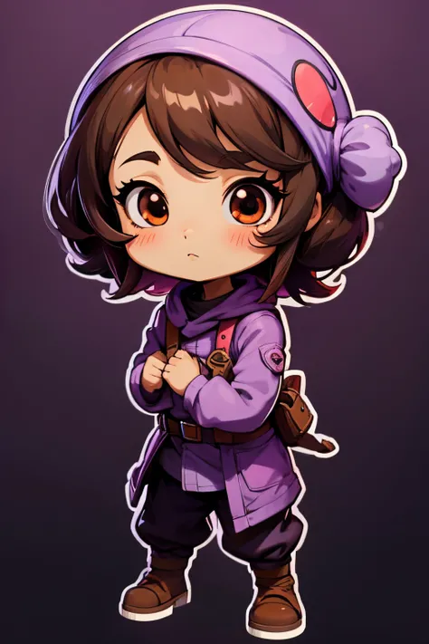 chibi anime girl tan skin, black hair with red highlight, black brown eye, purple color theme, purple clothes