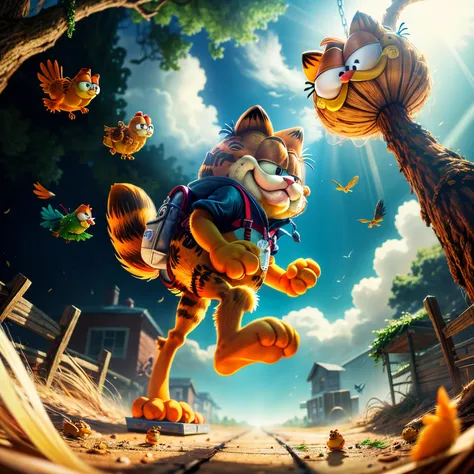 tmasterpiece, best quality at best，one sunny day, a curious garfield cat decided to explore his backyard. he stumbled upon a bir...