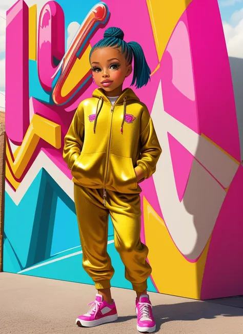 create an illustration of a beautiful African American toddler that is standing next to a giant "Twix" candy bar. She is lavishly dressed in a tanish gold sweat suit with "Twix" on it and matching shoes. she sports a super cute hair style and candy jewelry...