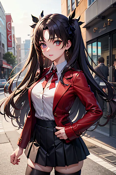 (masterpiece), best quality, expressive eyes, perfect face, 1girl, solo, ishtar, ishtar fate, purple eyes, black hair, gold hair ribbon, long hair, twintails hair, ribbon, sidelocks, two side up, black skirt, black thighhighs, red jacket with white shirt, ...