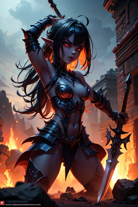 girl, goblin warrior, evil look, sexi, small breasts, wielding a sword, demonic armor, combat stance, vibrant appearance, creative behavior, imaginative, sensual, spontaneous, highest quality, skin texture, intricate details, (cinematic lighting), RAW phot...