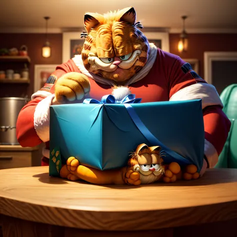 tmasterpiece, Best quality at best,Garfield was once invited to a holiday party at Jon's work. as he walked through the crowd, He suddenly heard a loud noise "Hahaha" came from the other side of the room. He looked up and saw a man dressed as Santa Cla...