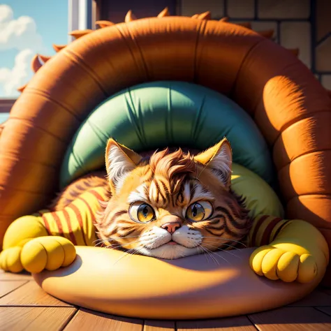 tmasterpiece, Best quality，Garfield is a mischievous cat with a love for lasagna and a sarcastic attitude. He spends his days lounging in the sun and coming up with clever ways to get what he wants from his owner Jon. Despite his grumpiness, he has a soft ...