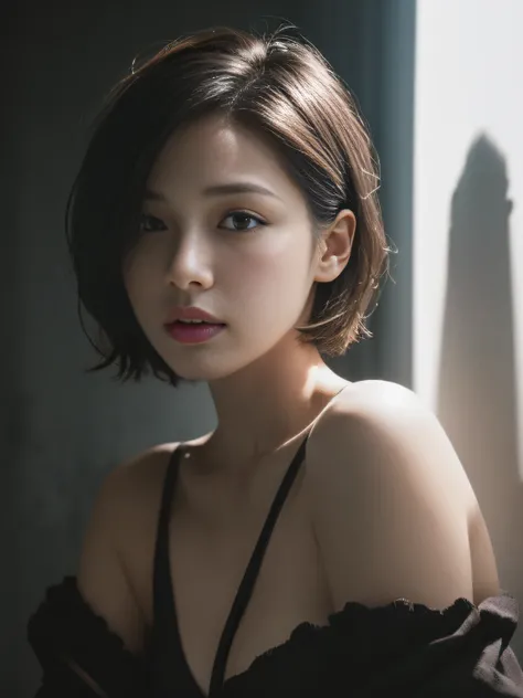 Best quality, masterpiece, ultra high res, (photorealistic:1.5), raw photo, 1girl, offshoulder, in the dark, deep shadow, low key, cold light, sexy look, short hair