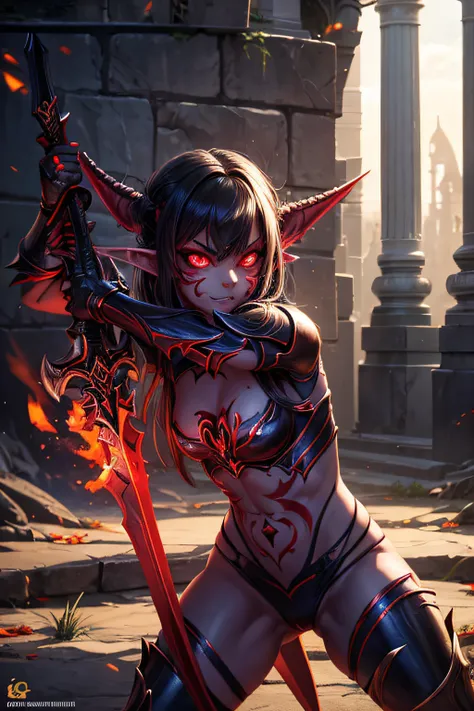 girl, goblin warrior, evil look, sexi, small breasts, wielding a sword, demonic armor, facepaint, bodypaint, red glowing eyes, combat stance, vibrant appearance, creative behavior, imaginative, sensual, spontaneous, highest quality, skin texture, intricate...