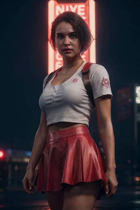 1girl, cowboy shot of zotovalentine, white shirt, red skirt, athletic, city, night, neon, rain, volumetric lighting, best quality, masterpiece, intricate details, tonemapping, sharp focus, hyper detailed, trending on Artstation, realistic,