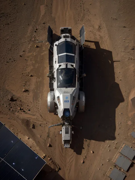 On Mars, a huge cutting-edge machine is at work. Metallic glossy texture, solar panels, astronauts distributed on the Mars ground. Bright picture, robot, starry sky, daytime, exploring vehicle details, super wide angle, birds eye view, high realism, light ...